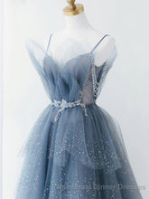 Gray Blue Tulle Beads Long Semi Formal Prom Dress, Blue Tulle Semi Formal Prom Dress